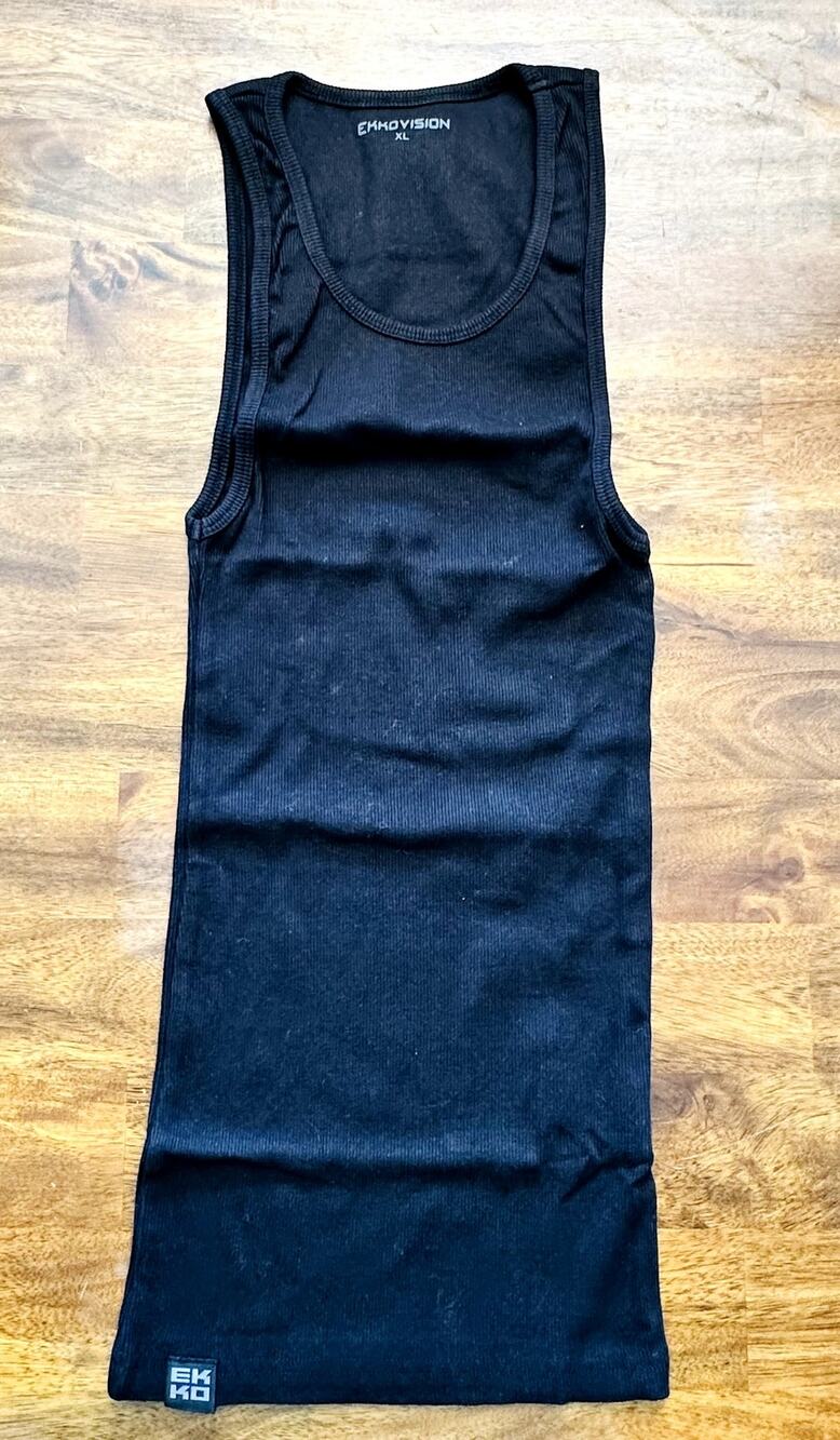 Ekkovision Tank Top XL Mens Athletic Black 95% Cotton 5% Spandex Ribbed 28" Long
